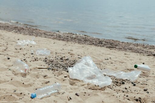 Clear Plastic Bottle on White Sand Near Body of Water